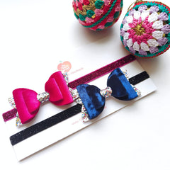 Luxurious Velvet Bow Headband Set of 2- Blue & Pink Sapphire