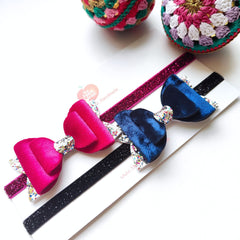 Luxurious Velvet Bow Headband Set of 2- Blue & Pink Sapphire