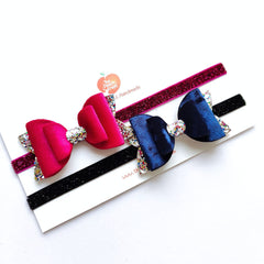 Luxurious Velvet Bow Headband Set of 2- Blue & Pink Sapphire