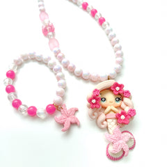 Pink Mermaid Barbie Necklace & Bracelet Set