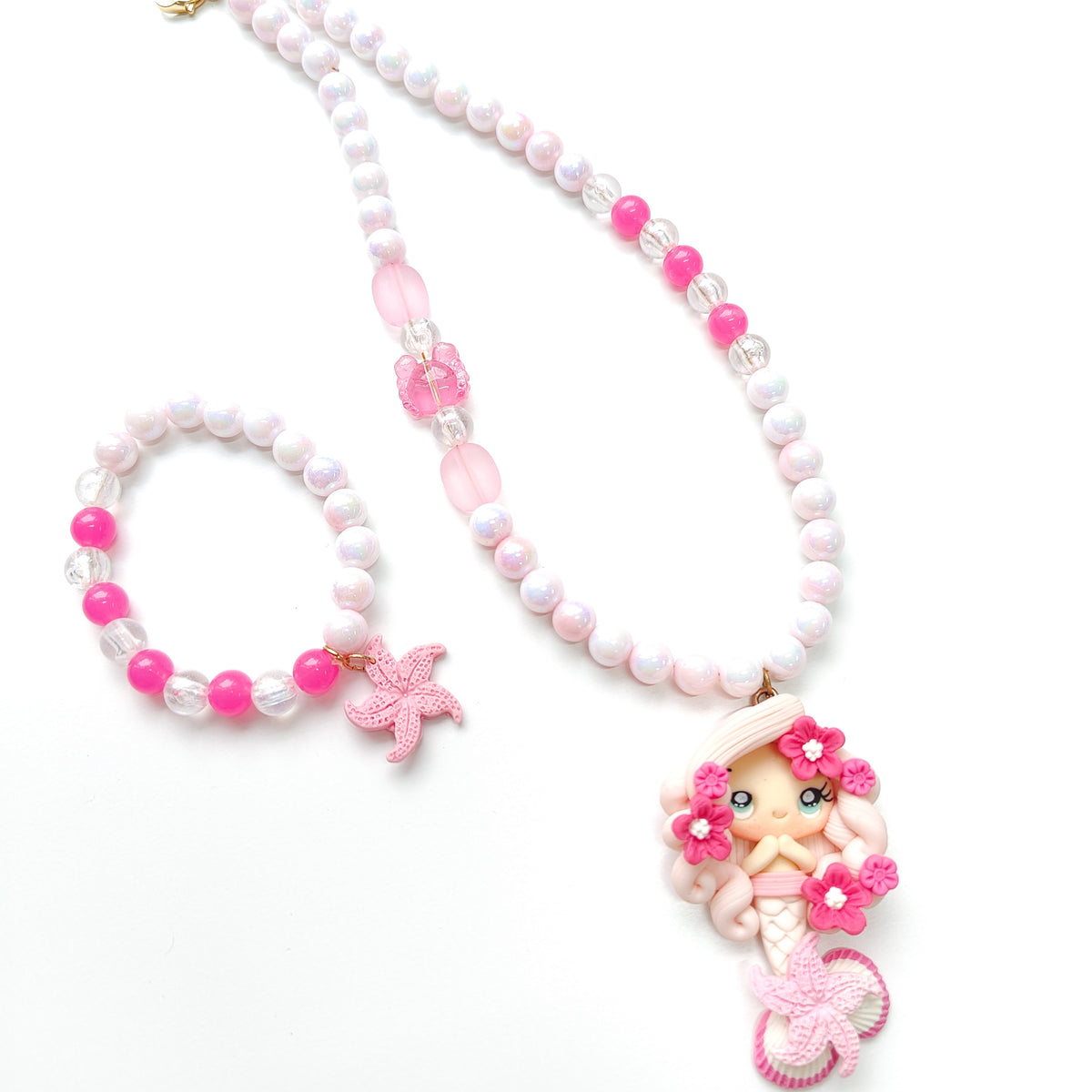 Pink Mermaid Barbie Necklace & Bracelet Set